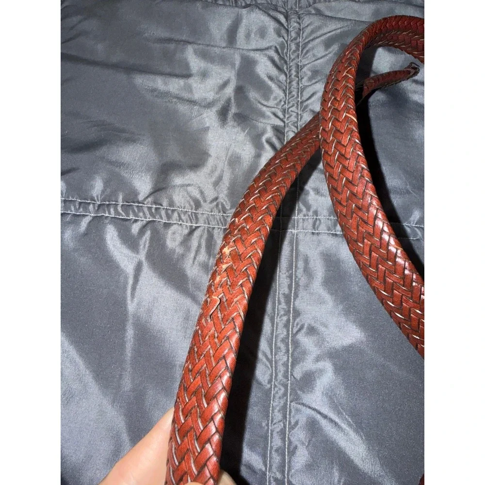 Perry Ellis Portfolio Mens Braided Leather Belt Brown Woven Brass Buckle BP65106
